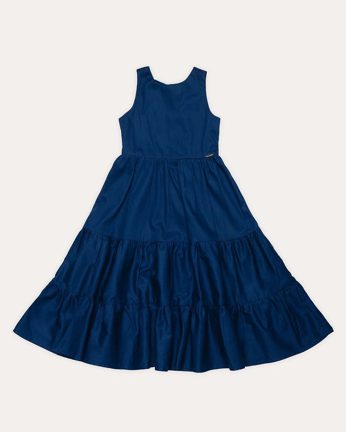 Vestido azul feminino infantil com alças largas e saia em camadas