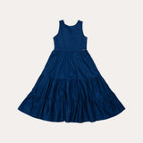 Vestido azul feminino infantil com alças largas e saia em camadas