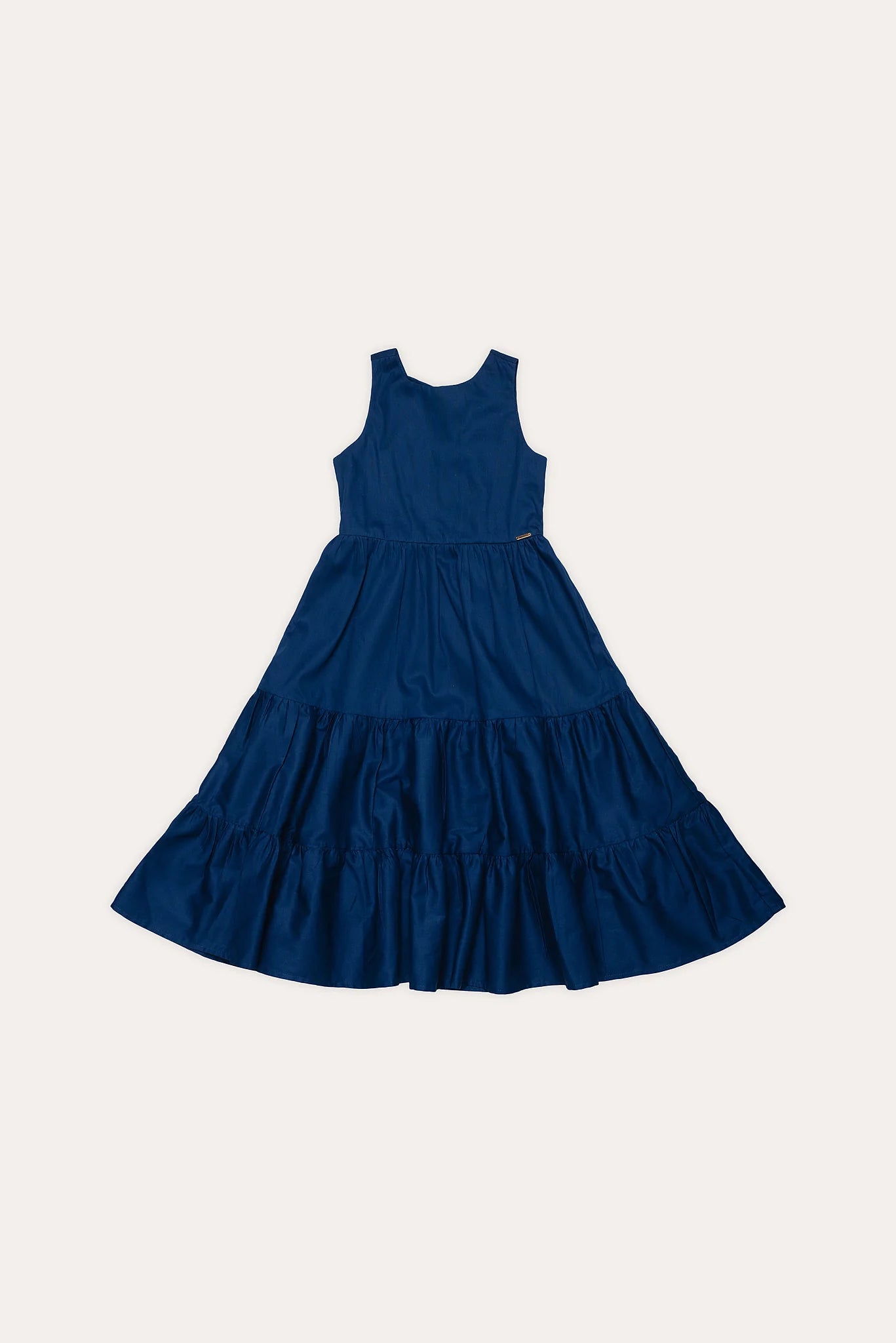 Vestido azul feminino infantil com alças largas e saia em camadas