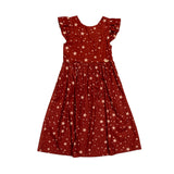 Vestido curto feminino infantil com alças largas, estampa de estrelas e saia ampla