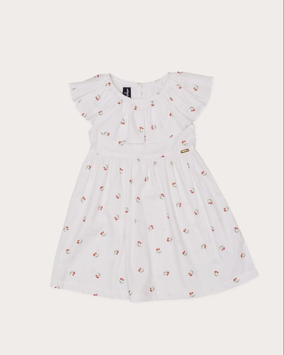 Vestido infantil feminino com estampa de cerejinhas e babado nas mangas