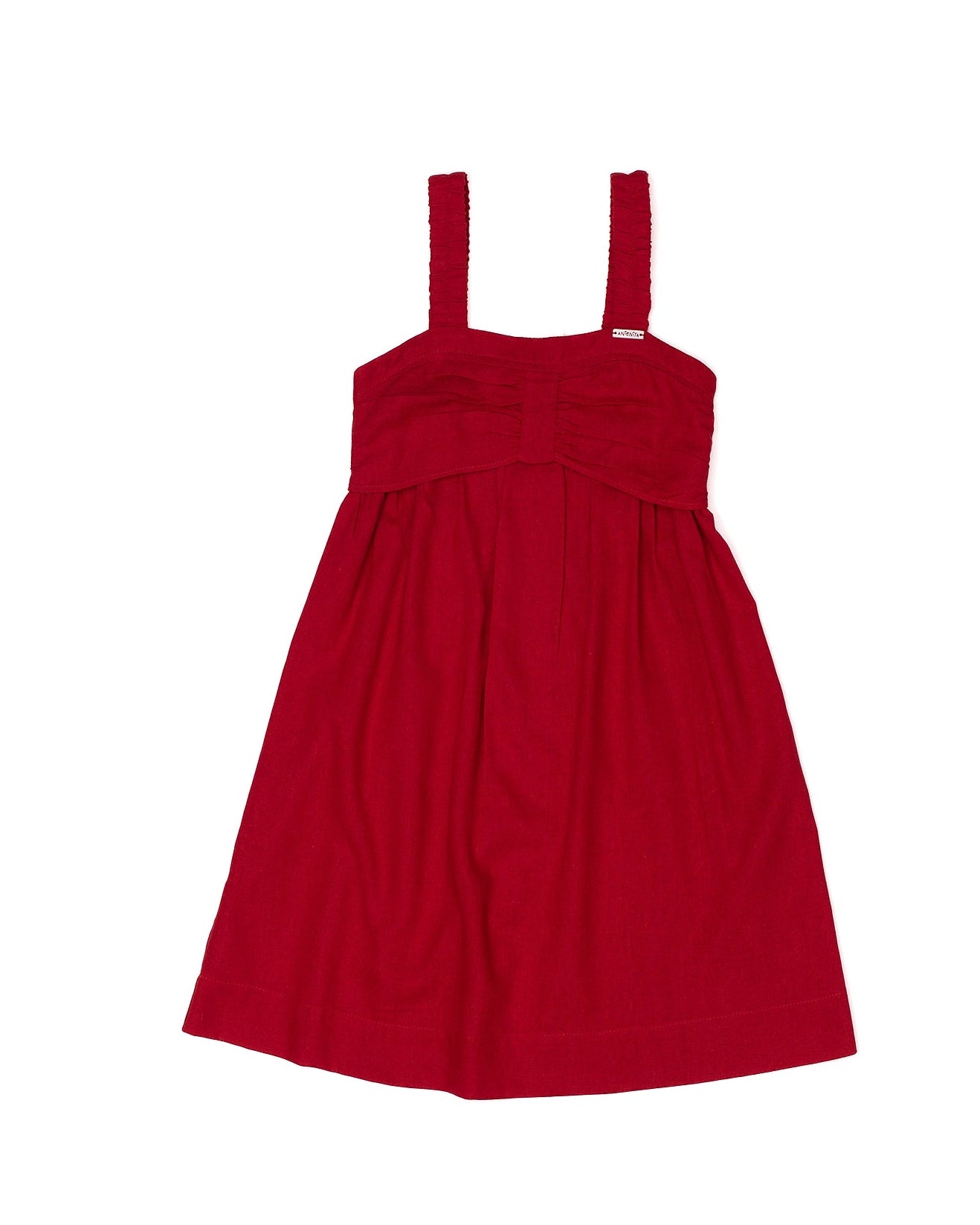 Vestido curto vermelho com alças largas e caimento leve, ideal para meninas.