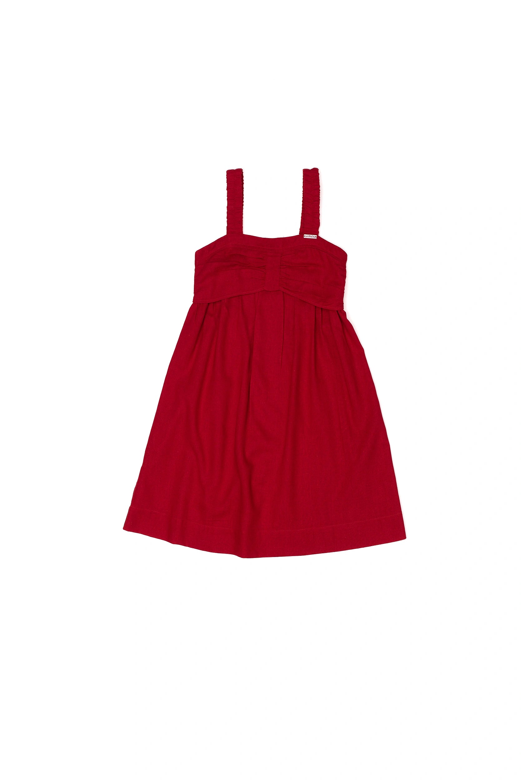 Vestido curto vermelho com alças largas e caimento leve, ideal para meninas.