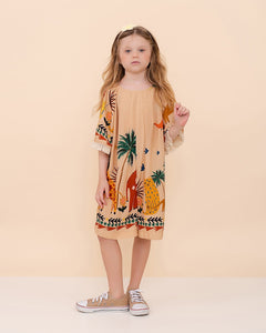 Macaco infantil com estampa de safári, mangas bufantes e caimento solto