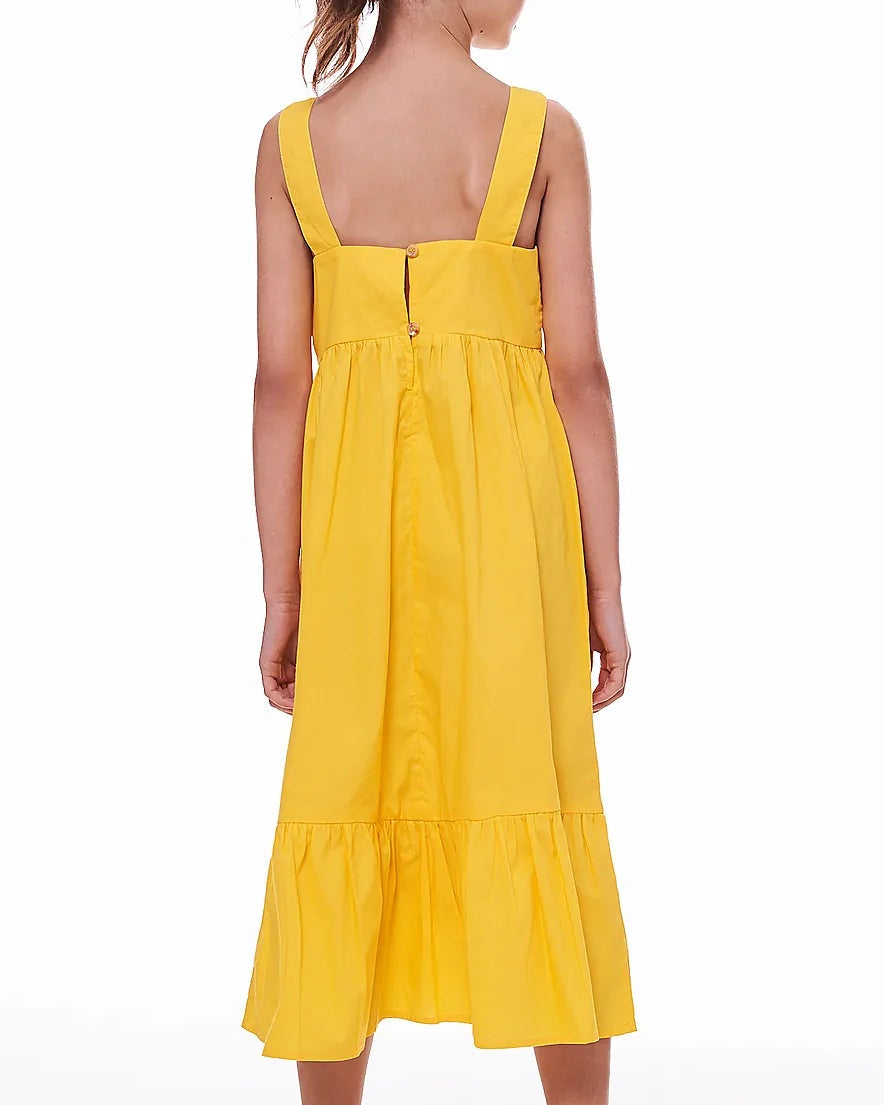 Vestido midi amarelo com alças retas e saia em camadas, feminino infantil
