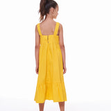 Vestido midi amarelo com alças retas e saia em camadas, feminino infantil