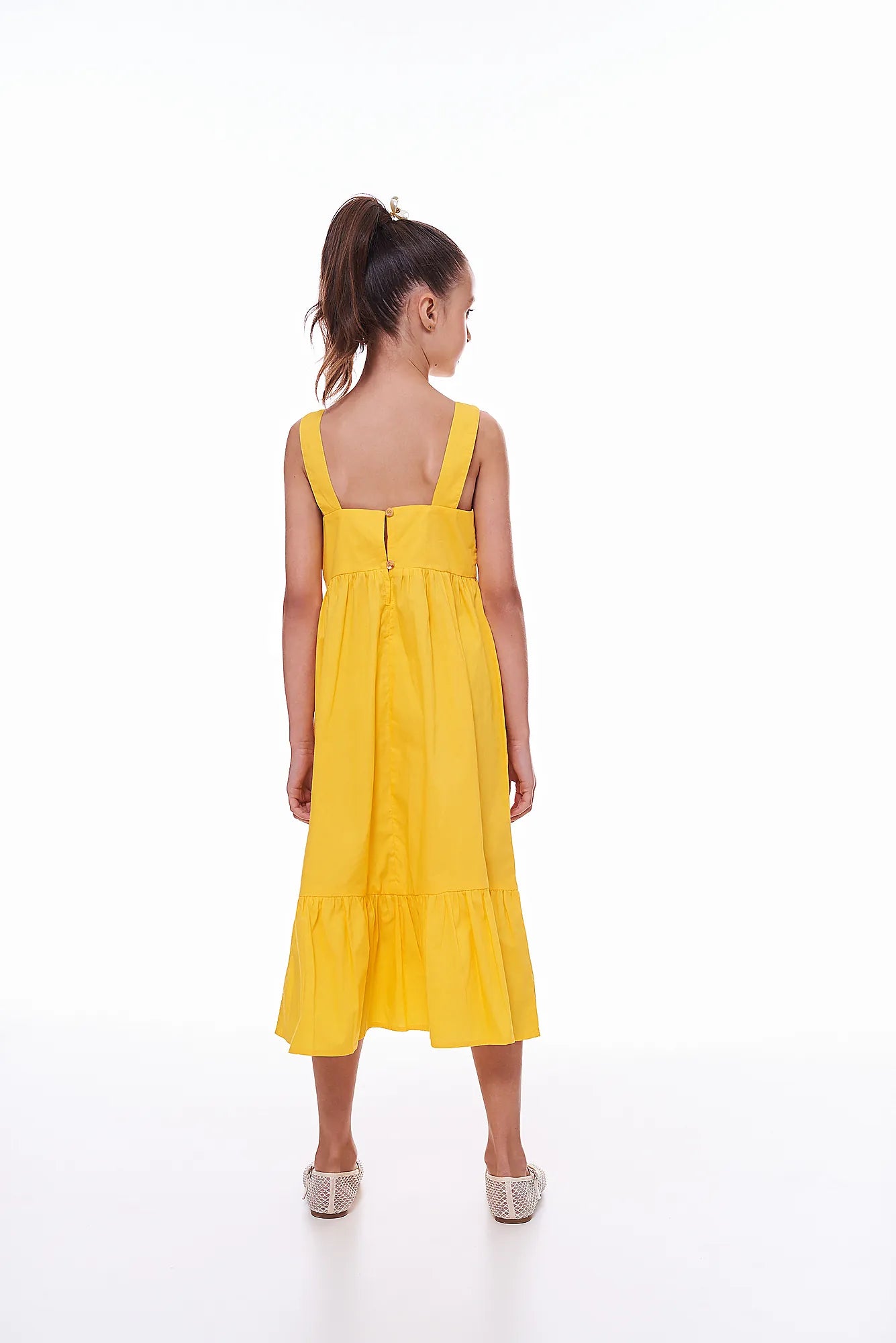 Vestido midi amarelo com alças retas e saia em camadas, feminino infantil
