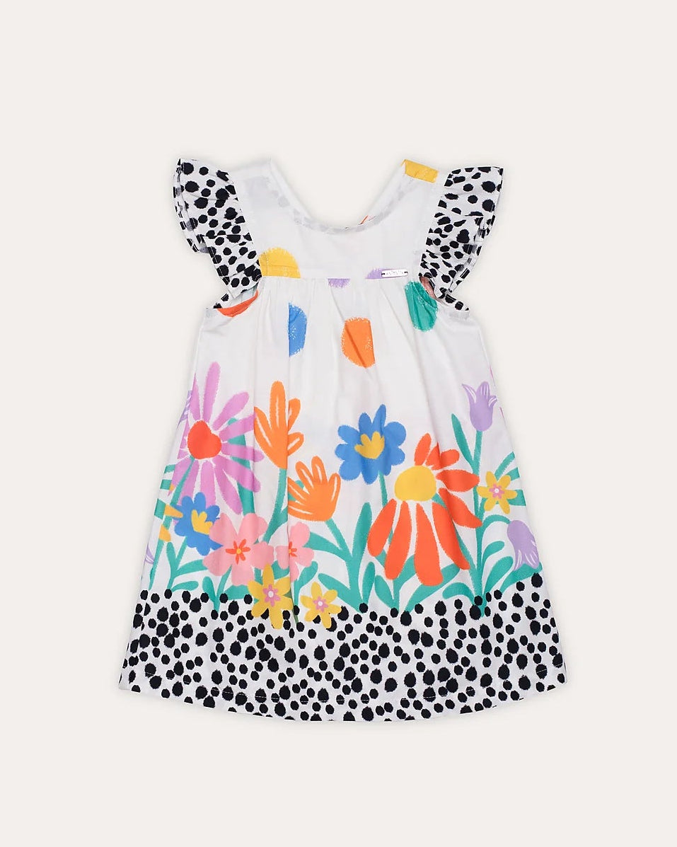 Vestido infantil com estampa floral colorida e mangas amplas, ideal para meninas de 0 a 3 anos