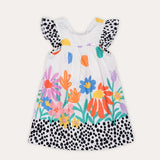 Vestido infantil com estampa floral colorida e mangas amplas, ideal para meninas de 0 a 3 anos