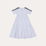 Vestido branco feminino infantil com listras nas mangas e saia longa