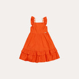 Vestido laranja infantil com alças largas e saia de babados