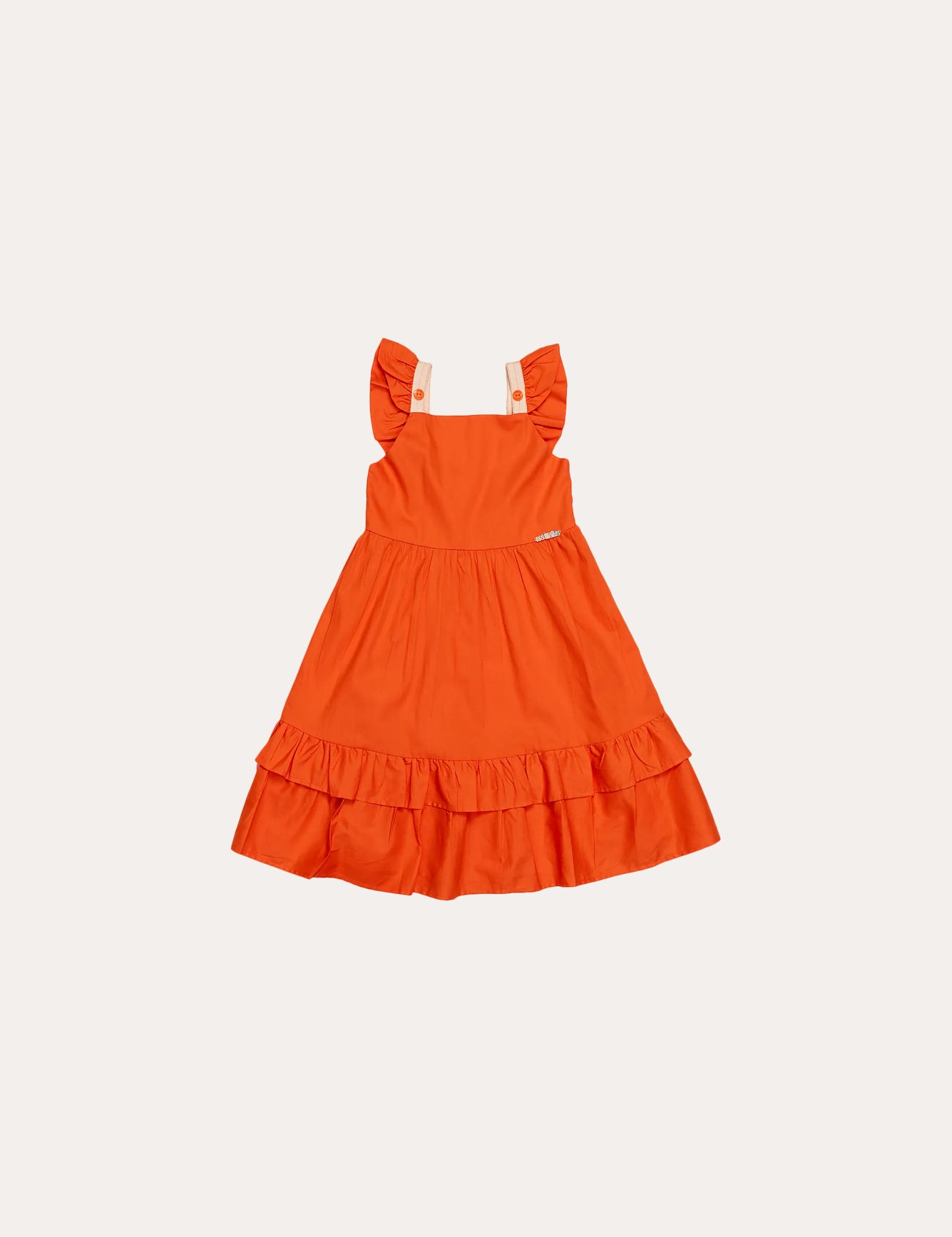 Vestido laranja infantil com alças largas e saia de babados