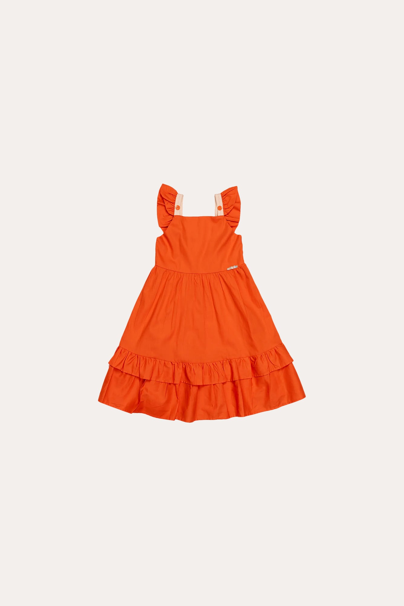 Vestido laranja infantil com alças largas e saia de babados