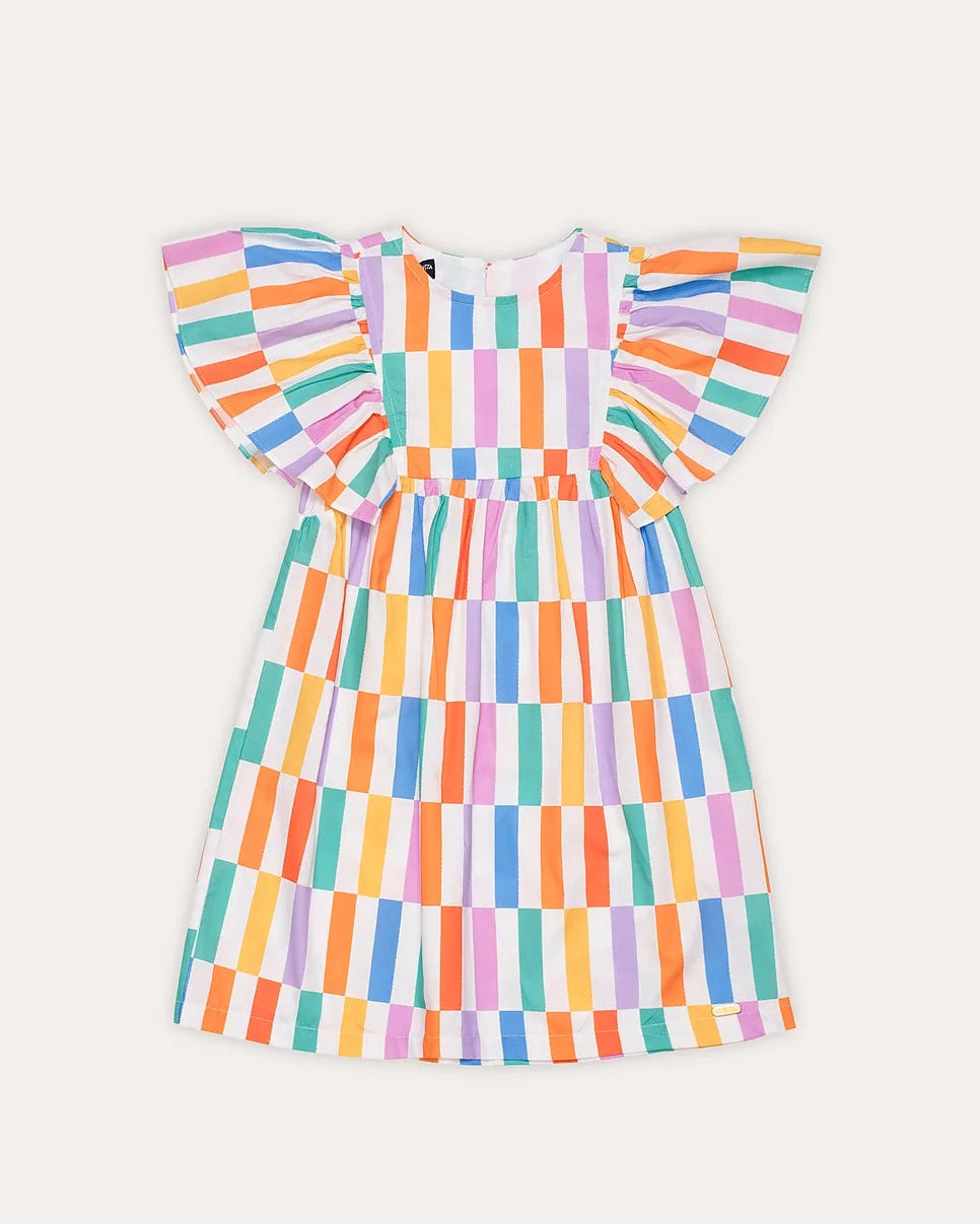 Vestido feminino infantil com estampa de listras coloridas e mangas em babados