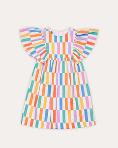 Vestido feminino infantil com estampa de listras coloridas e mangas em babados