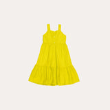 Vestido midi amarelo com alças largas e saia de babados, ideal para meninas infantis