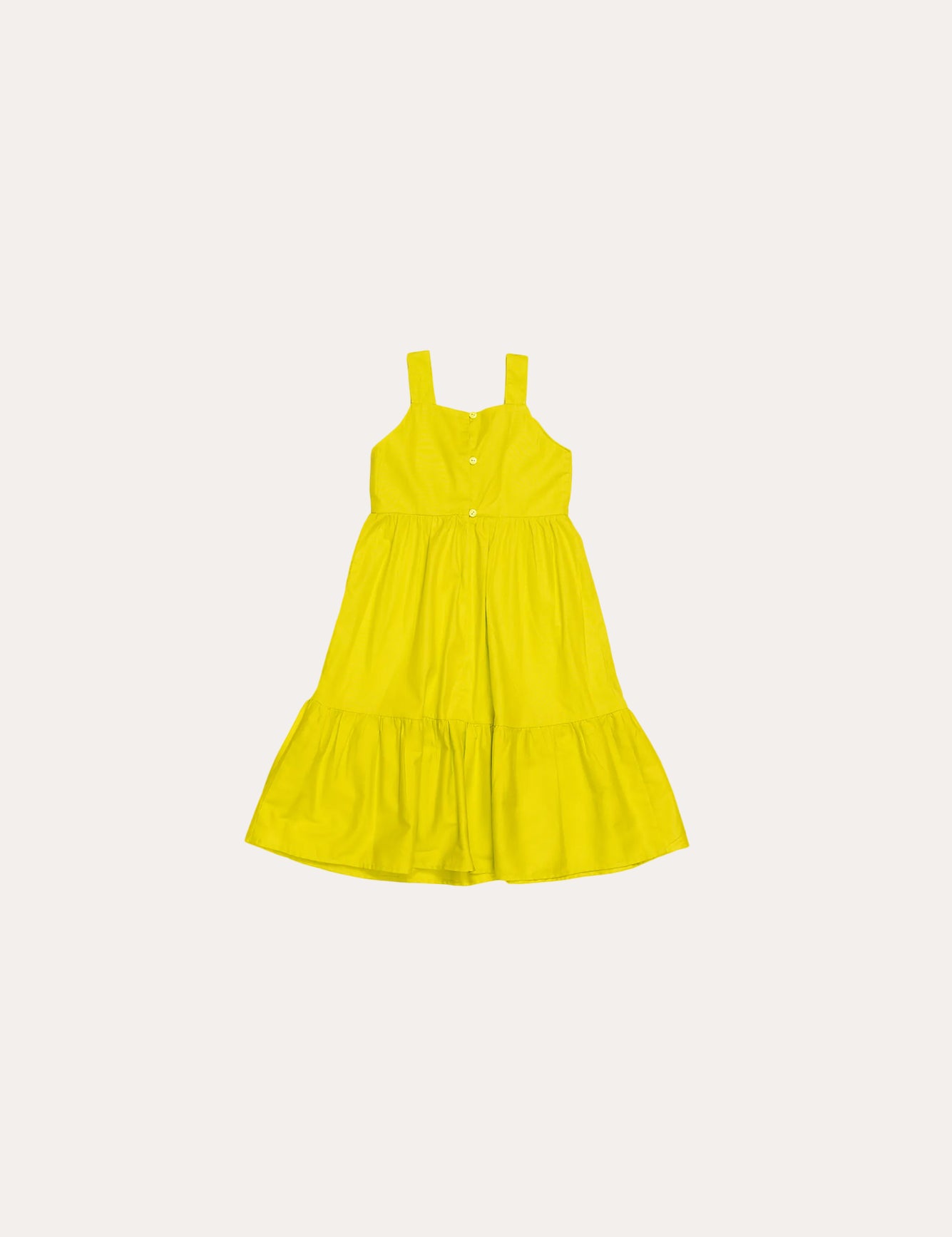 Vestido midi amarelo com alças largas e saia de babados, ideal para meninas infantis