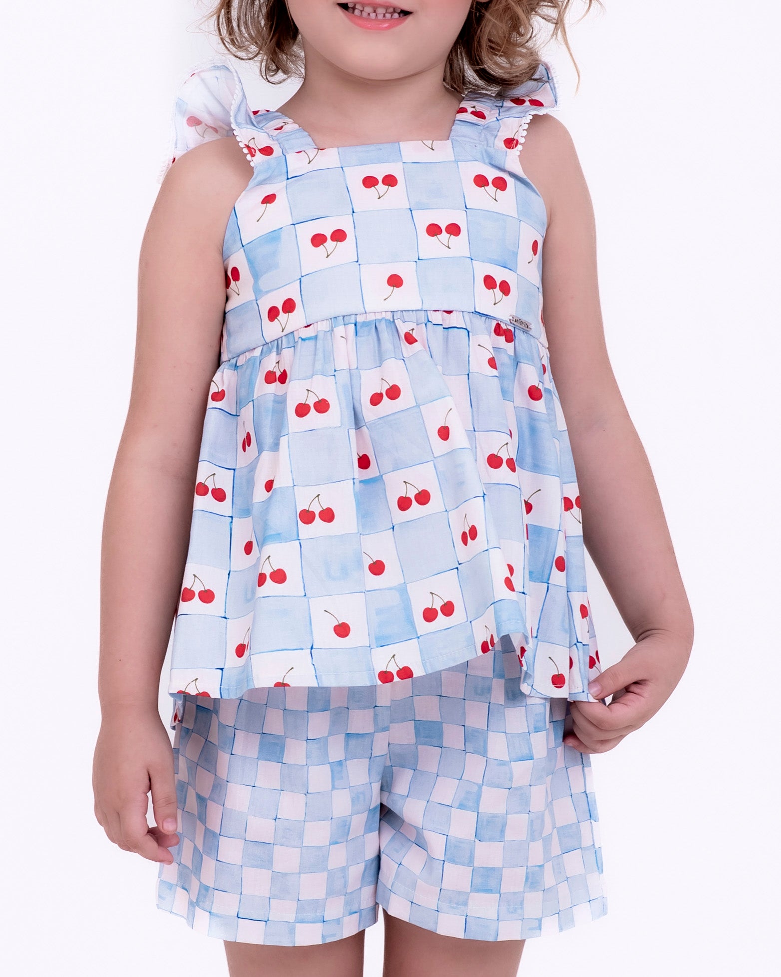 Conjunto com estampa Vichy Cherry infantil feminino Antonita para meninas de 2 a 10 anos