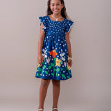 Vestido feminino infantil azul marinho com estampa de flores coloridas e alças largas