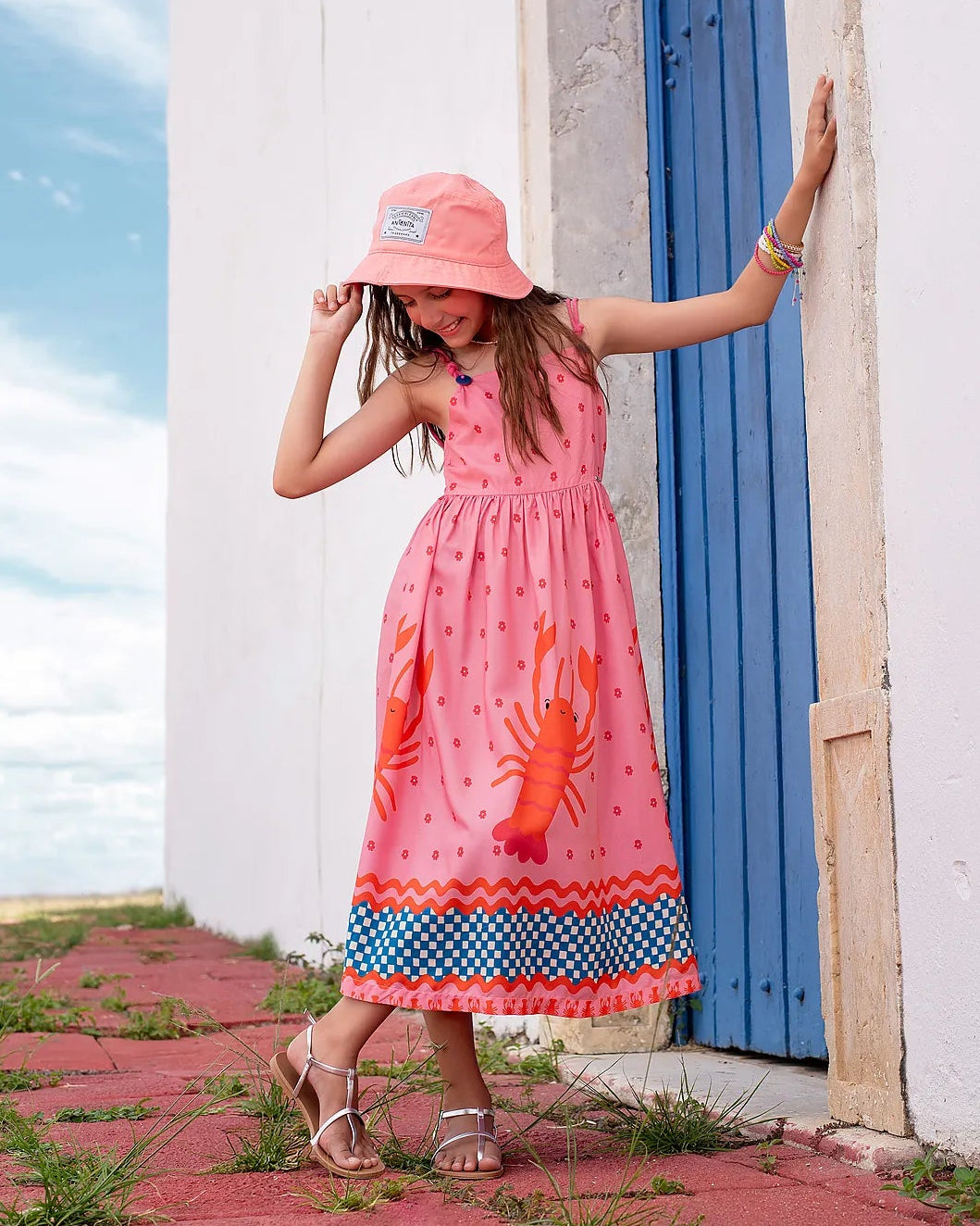 Vestido midi rosa com estampa de lagostas e saia rodada, feminino infantil