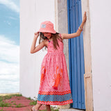 Vestido midi rosa com estampa de lagostas e saia rodada, alças finas, para meninas