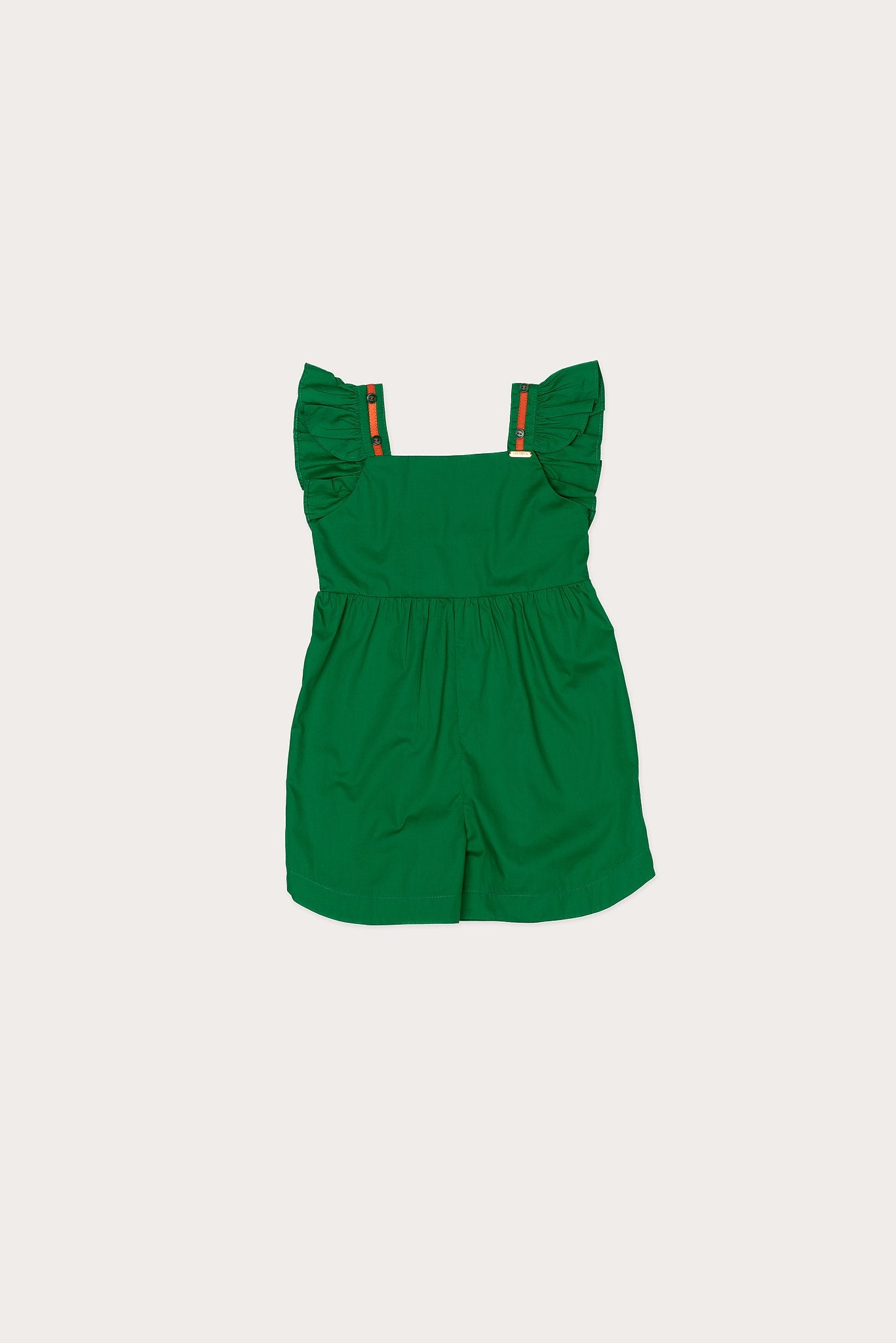 Macacao verde feminino infantil com alças largas e babados, ideal para meninas