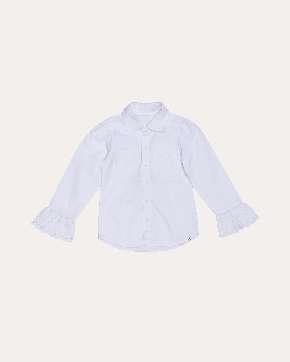 Camisa branca feminina infantil com mangas longas e babados na barra