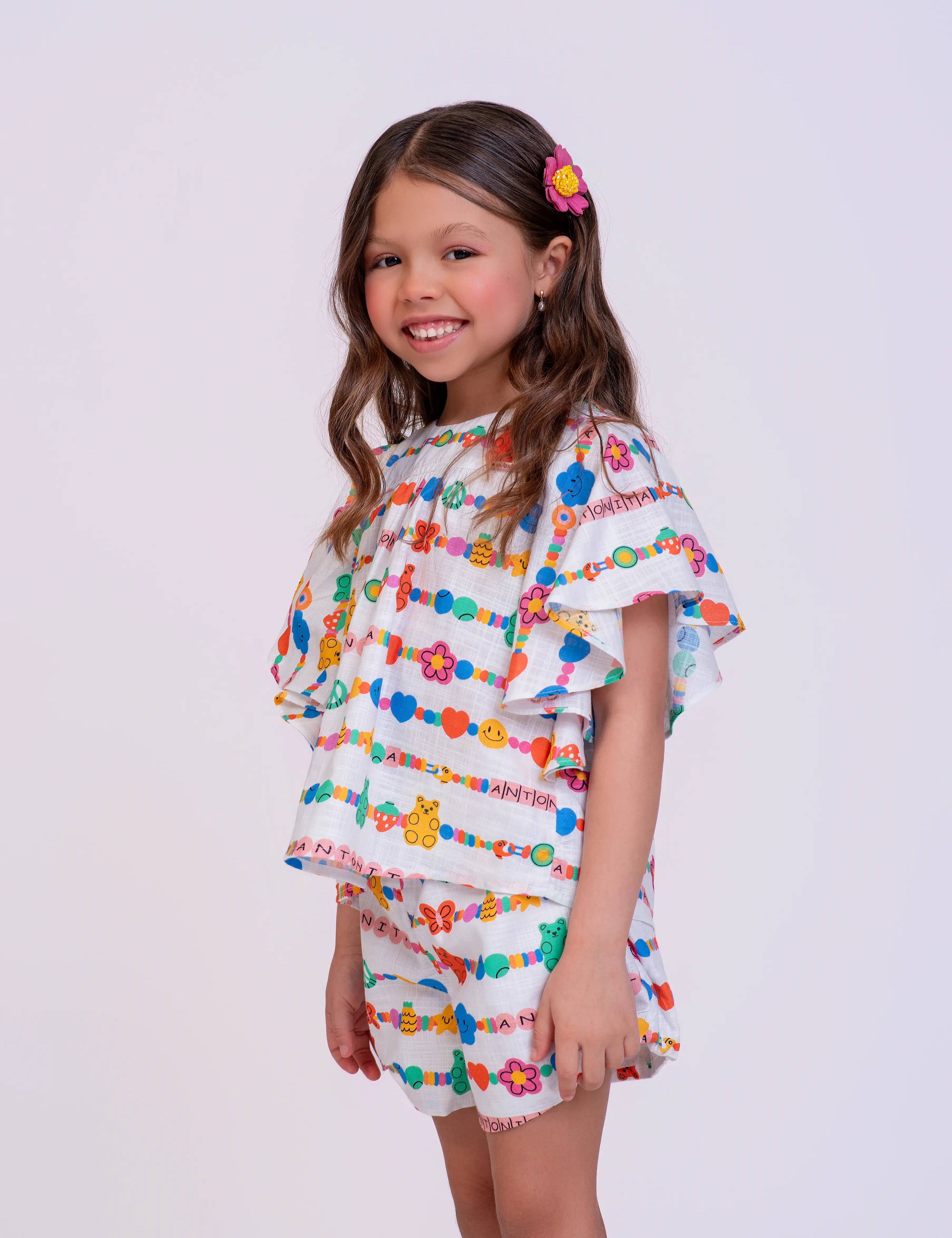 Conjunto com blusa de mangas amplas e short floral infantil feminino Antonita para meninas de 4 a 12 anos