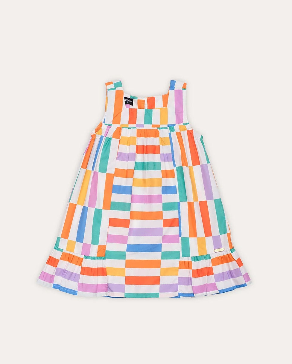 Vestido infantil feminino com estampa de retângulos coloridos e saia com babados