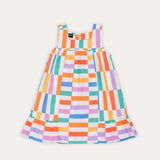 Vestido infantil feminino com estampa de retângulos coloridos e saia com babados