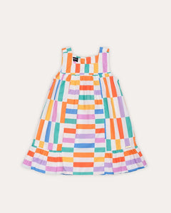 Vestido infantil feminino com estampa de retângulos coloridos e saia com babados