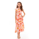 Vestido midi feminino infantil com estampa de corações e formas geométricas em rosa e laranja