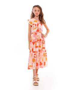 Vestido midi feminino infantil com estampa de corações e formas geométricas em rosa e laranja