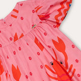 Vestido infantil rosa com estampa de lagostas e mangas bufantes, ideal para meninas de 0 a 3 anos
