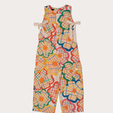 Macaco infantil feminino com estampa de flores coloridas em fundo xadrez