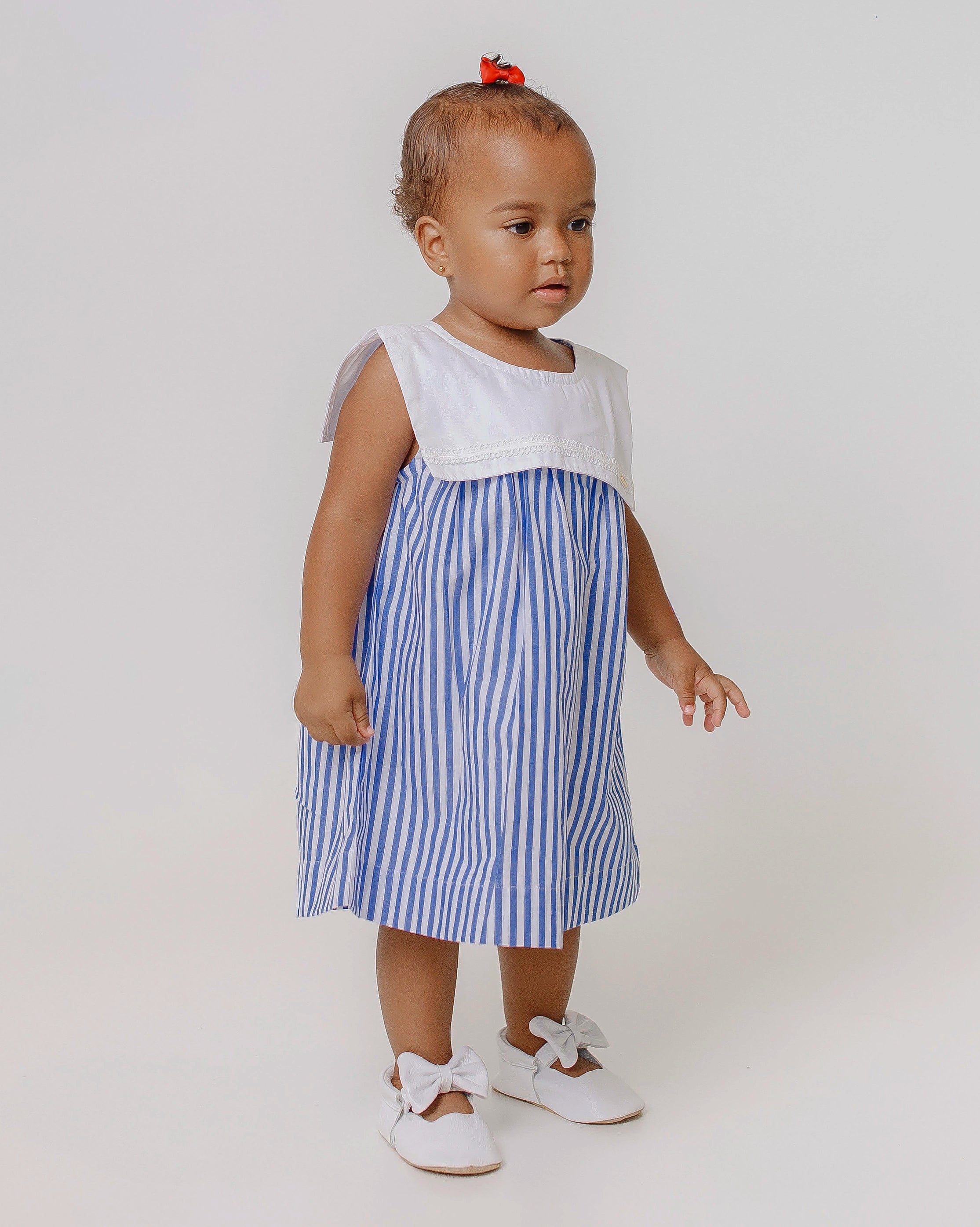 Vestido curto com listras infantis femininas Antonita para meninas de 2 a 10 anos