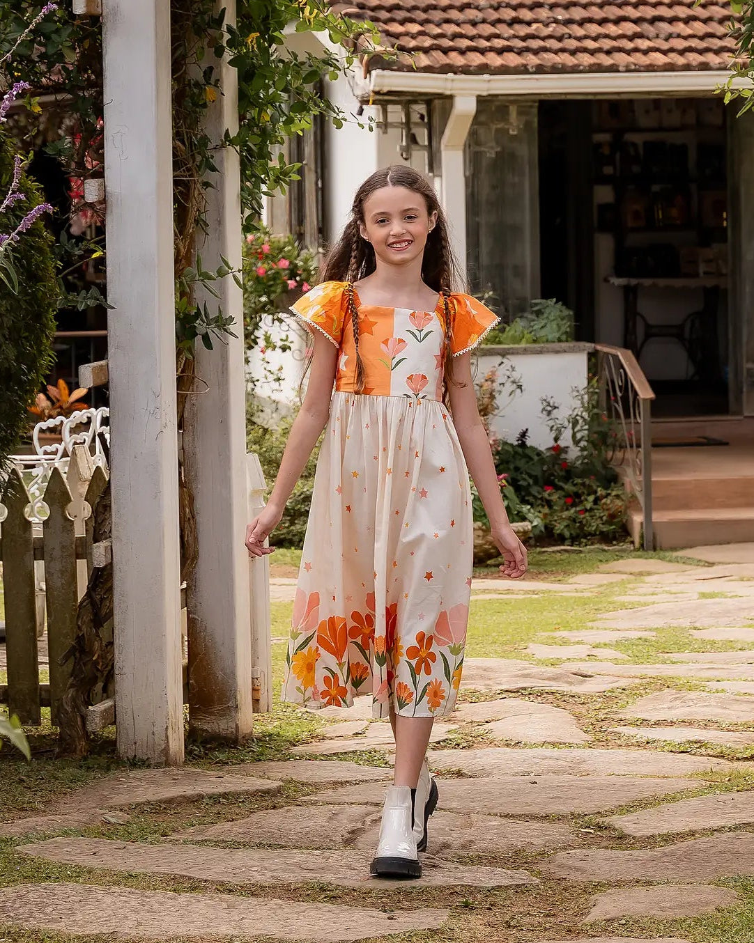 Vestido midi com estampa Brilho do Jardim infantil feminino Antonita para meninas de 4 a 16 anos